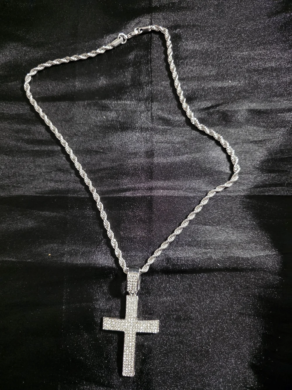 Silver Tone Rope Chain Bling Cross Charm Pendant Swaggy Necklace,